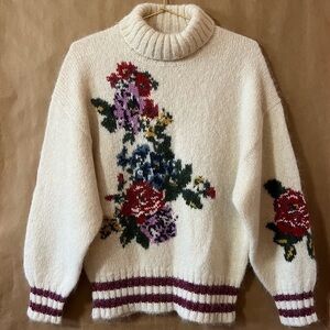 leur logette | Floral Turtleneck Stripe Alpaca Wool Knit Sweater Size L (Size 3)